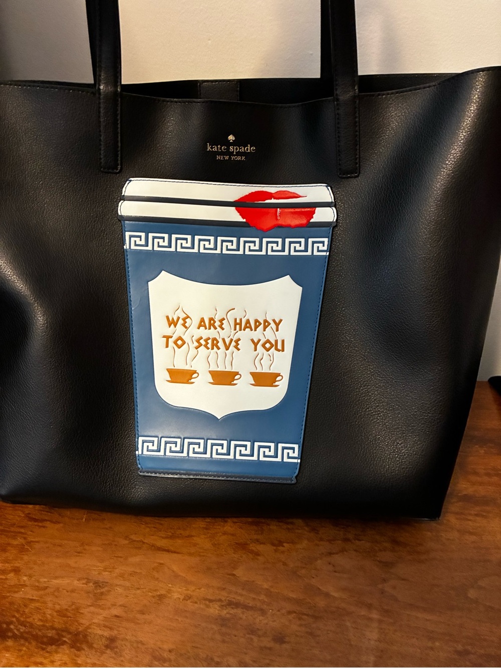 Kate Spade New York Black Tote with Blue Coffee Cup Graphic and Red Lip Print